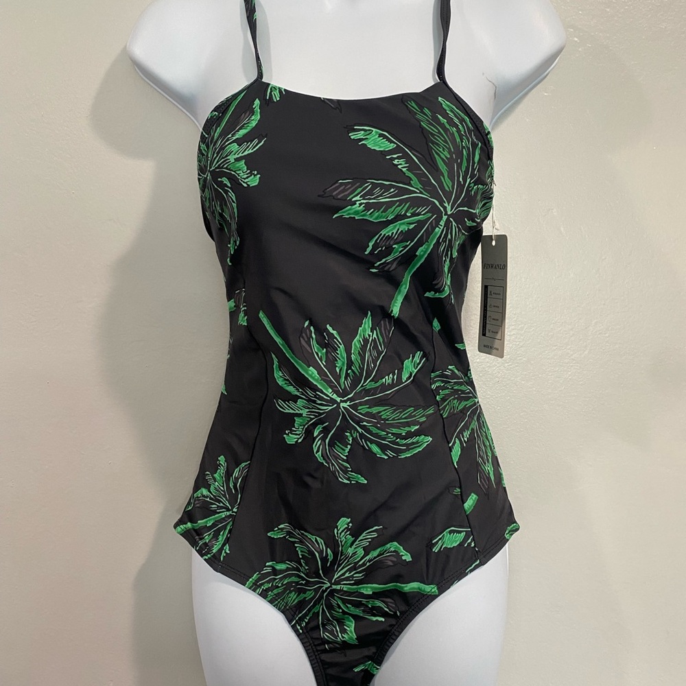 Black and Green Leaf Print Swimsuit size Large NWT